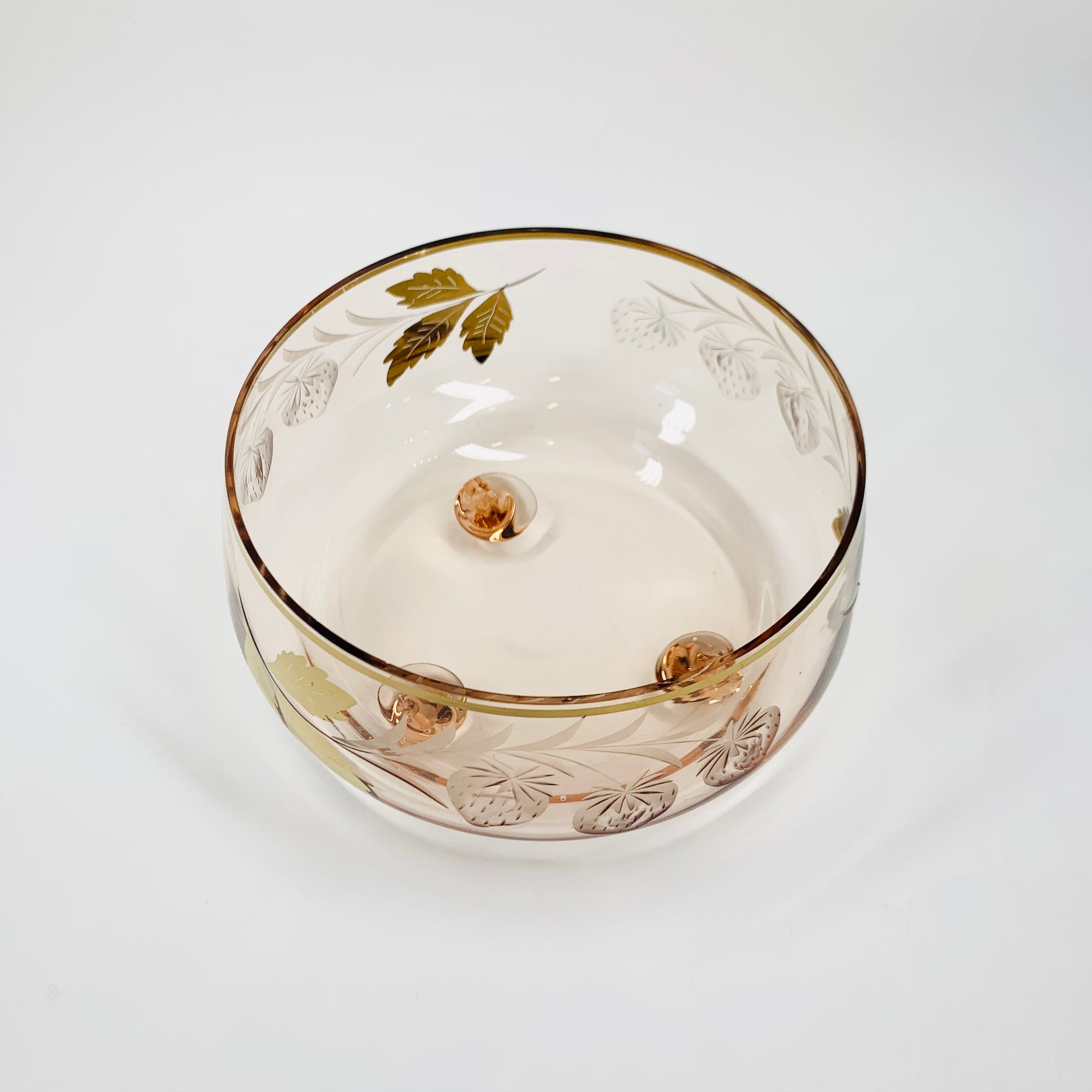 Midcentury pink gold gilded glass serving bowl with strawberry pattern