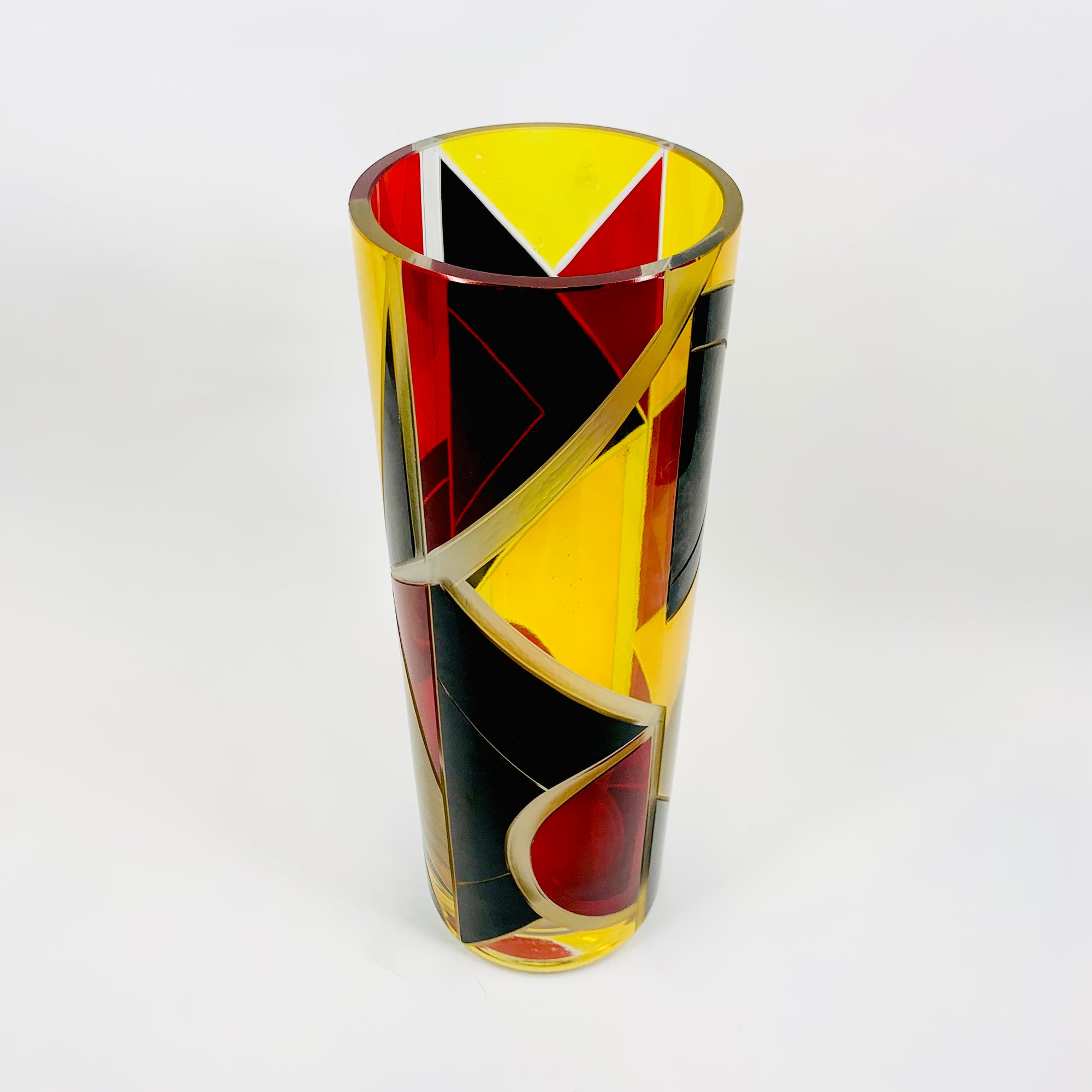 Extremely rare antique Art Deco citrine, black and ruby enamel cylinder glass vase by Karl Palda