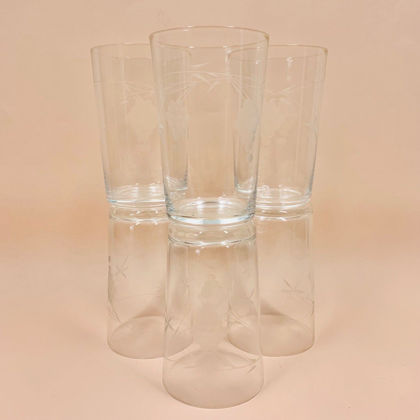 1940s hand etched vine pattern glass water tumblers