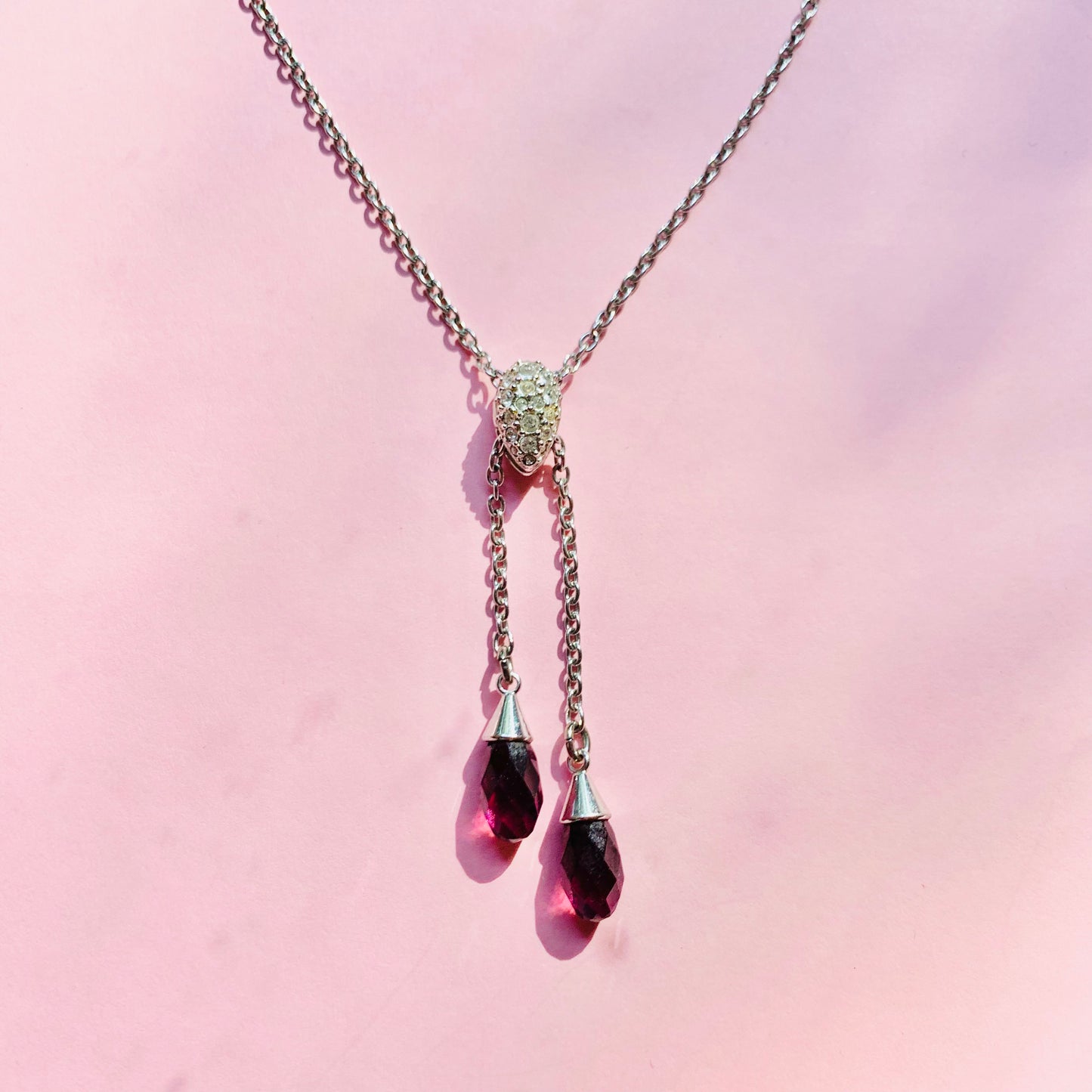 Vintage Swarovski silver costume necklace with purple crystal drop pendant