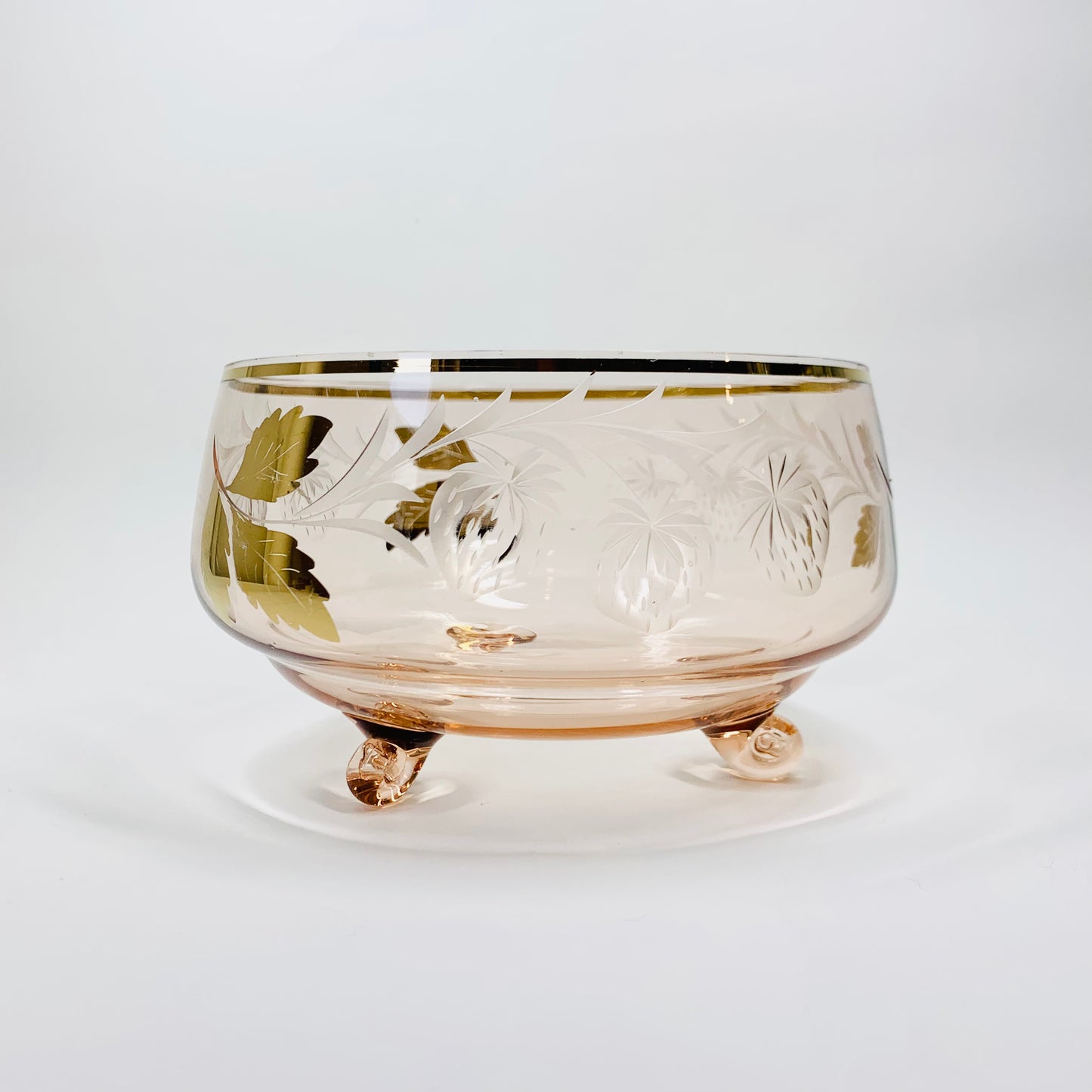 Midcentury pink gold gilded glass serving bowl with strawberry pattern