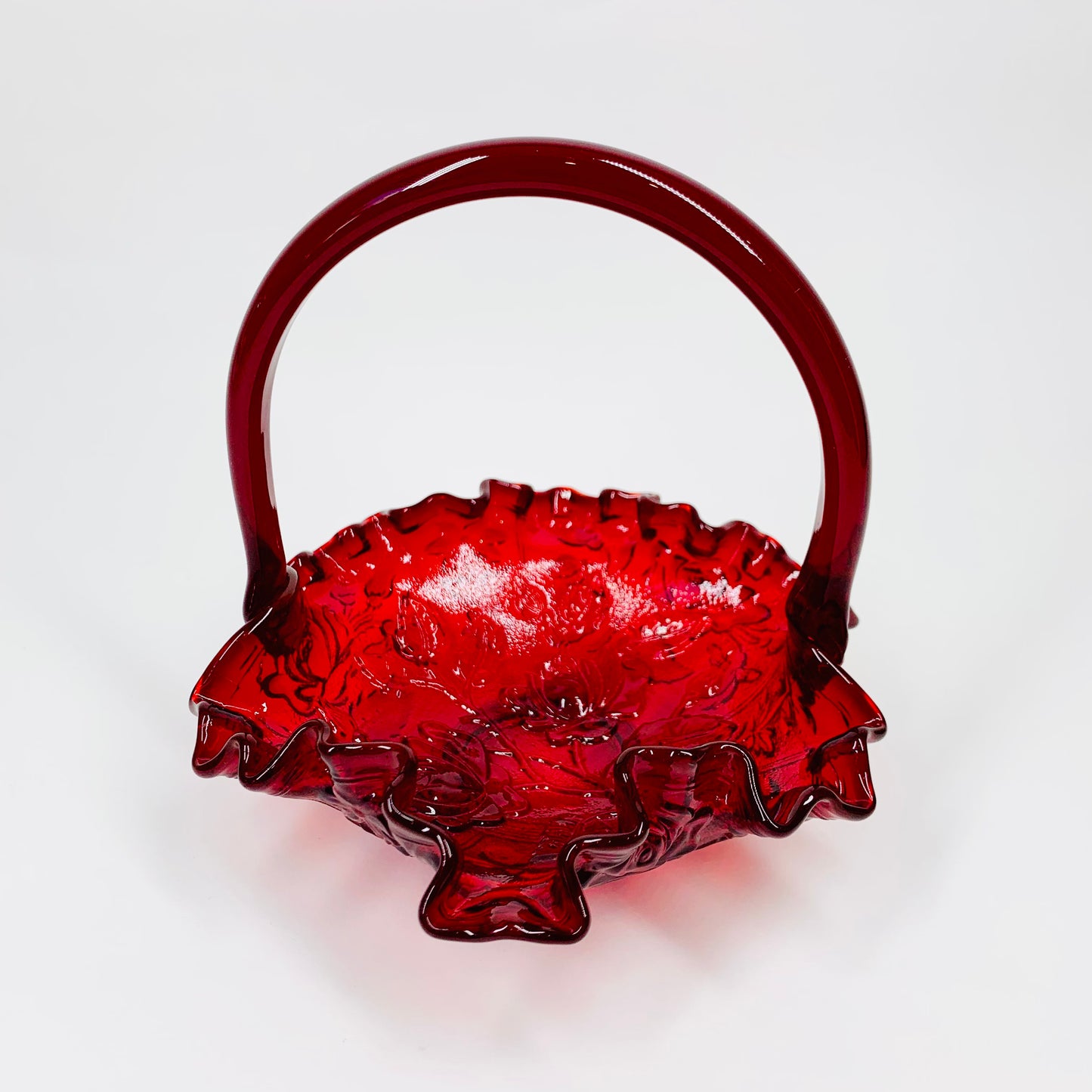 Antique Fenton red glass Viking basket with ruffle rim