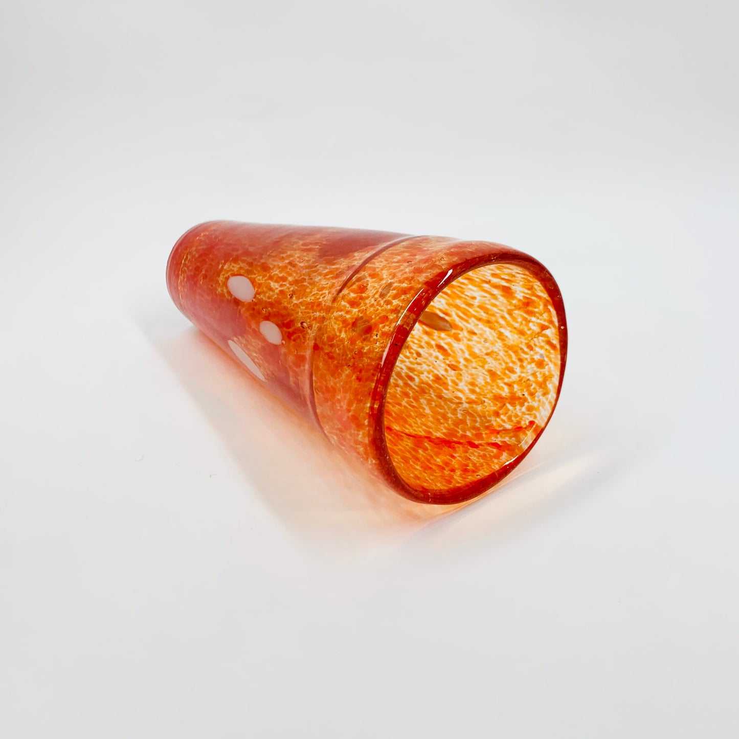 1980s orange mouth blown studio speckled art glass cylinder vase