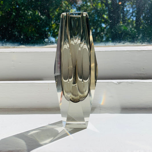 MCM grey faceted Murano sommerso glass vase by Mandruzatto