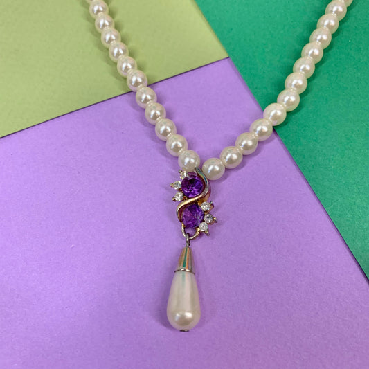1960s Avon costume pearl necklace with chevron pearl amethyst paste drop pendant