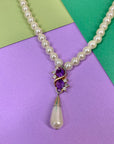 1960s Avon costume pearl necklace with chevron pearl amethyst paste drop pendant
