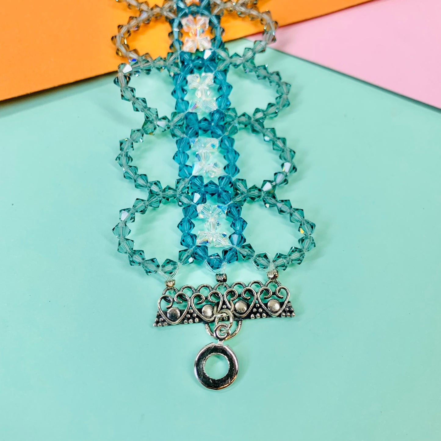 Antique Art Nouveau hand strung blue beads bracelet with sterling silver snap clasp