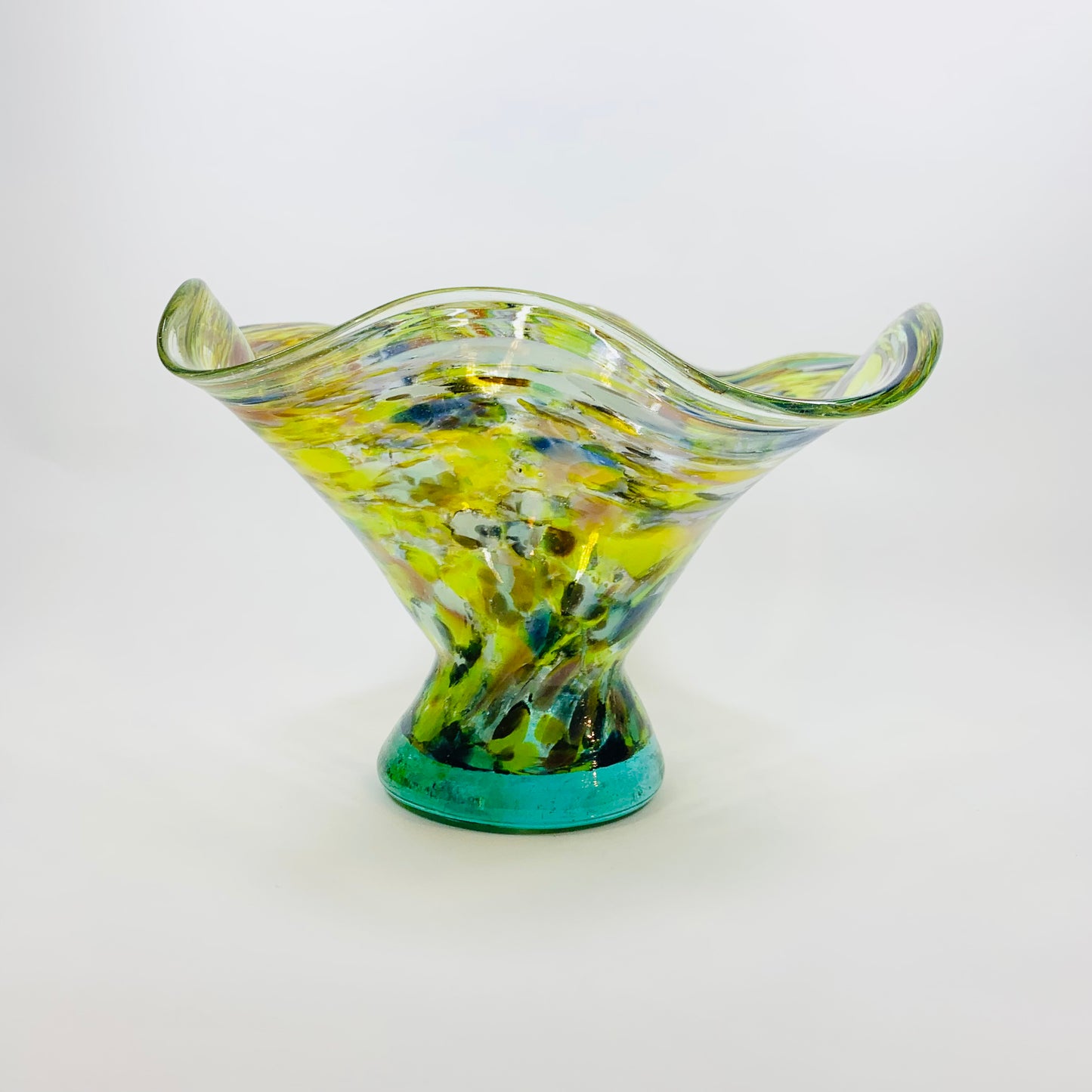 1980s Spanish recycled speckled harlequin glass handkerchief bowl