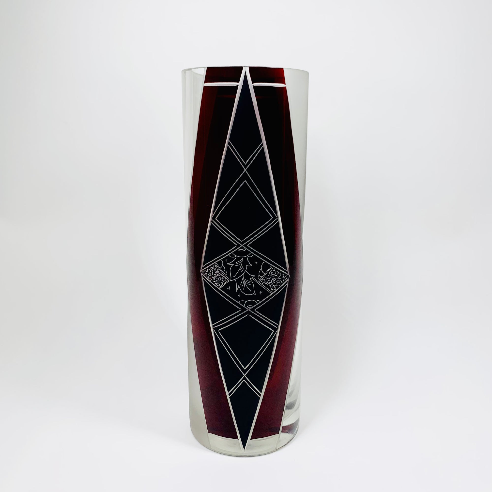 Extremely rare antique Art Deco part satin black and ruby enamel cylinder glass vase by Karl Palda