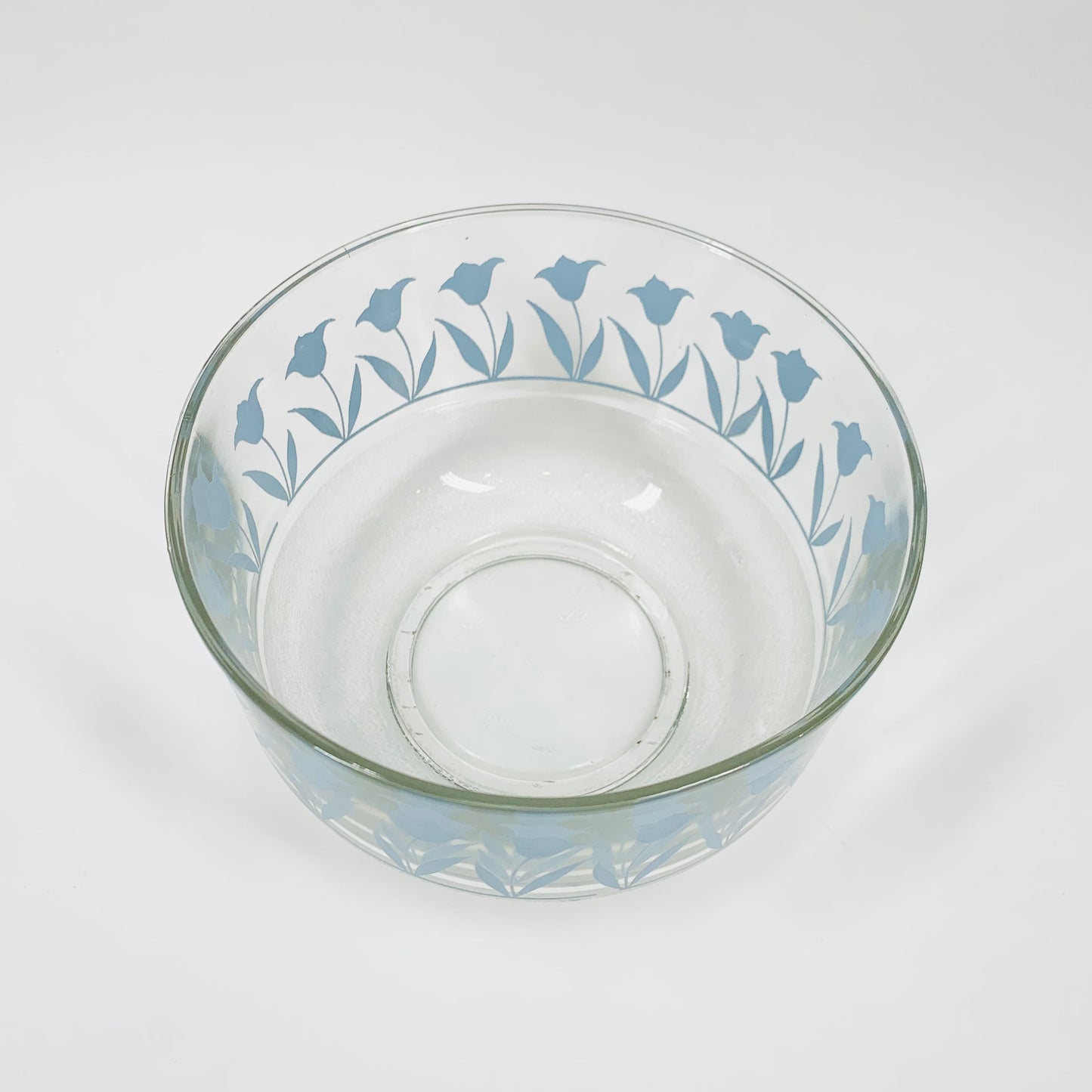 Midcentury Chinese glass salad bowl with blue tulips