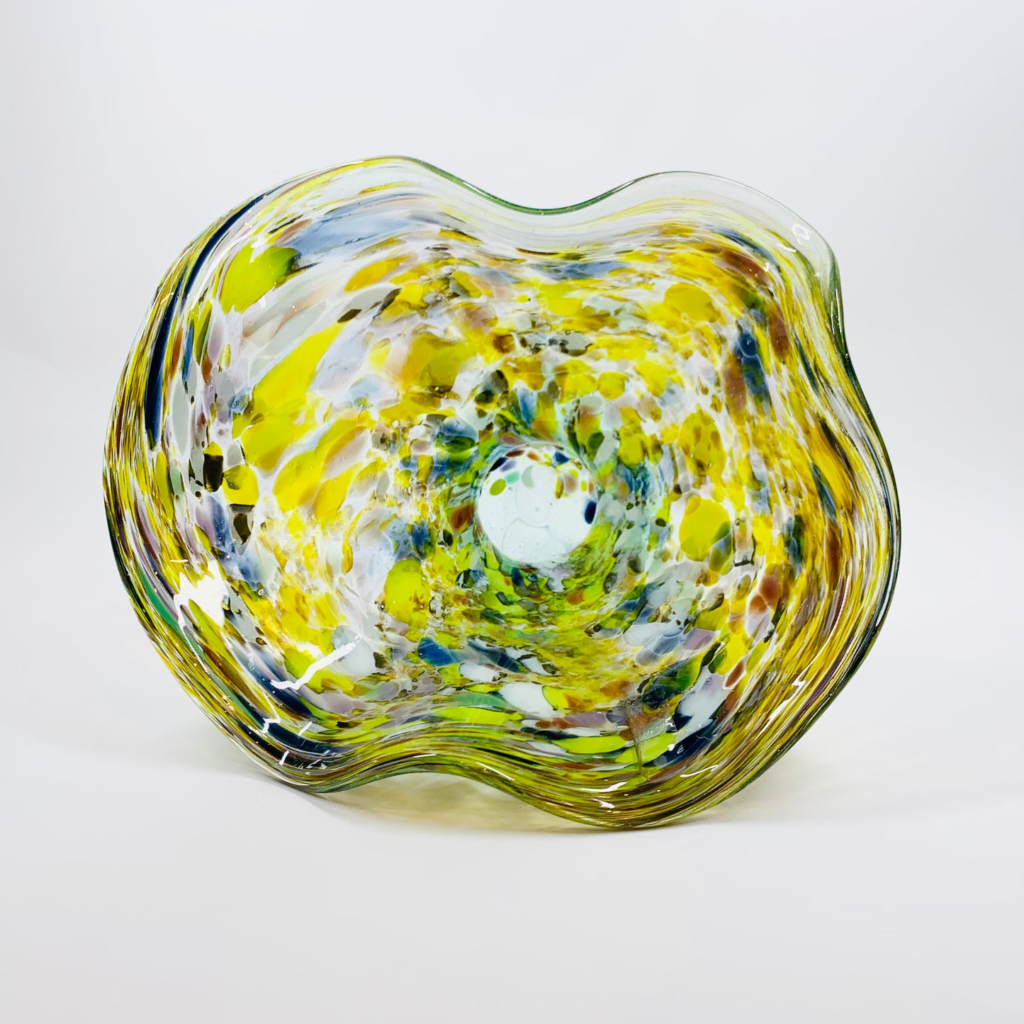 1980s Spanish recycled speckled harlequin glass handkerchief bowl