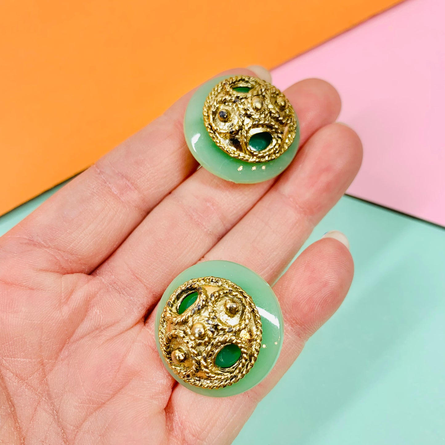 1960s Italian green lucite with filigree button clip on earrings