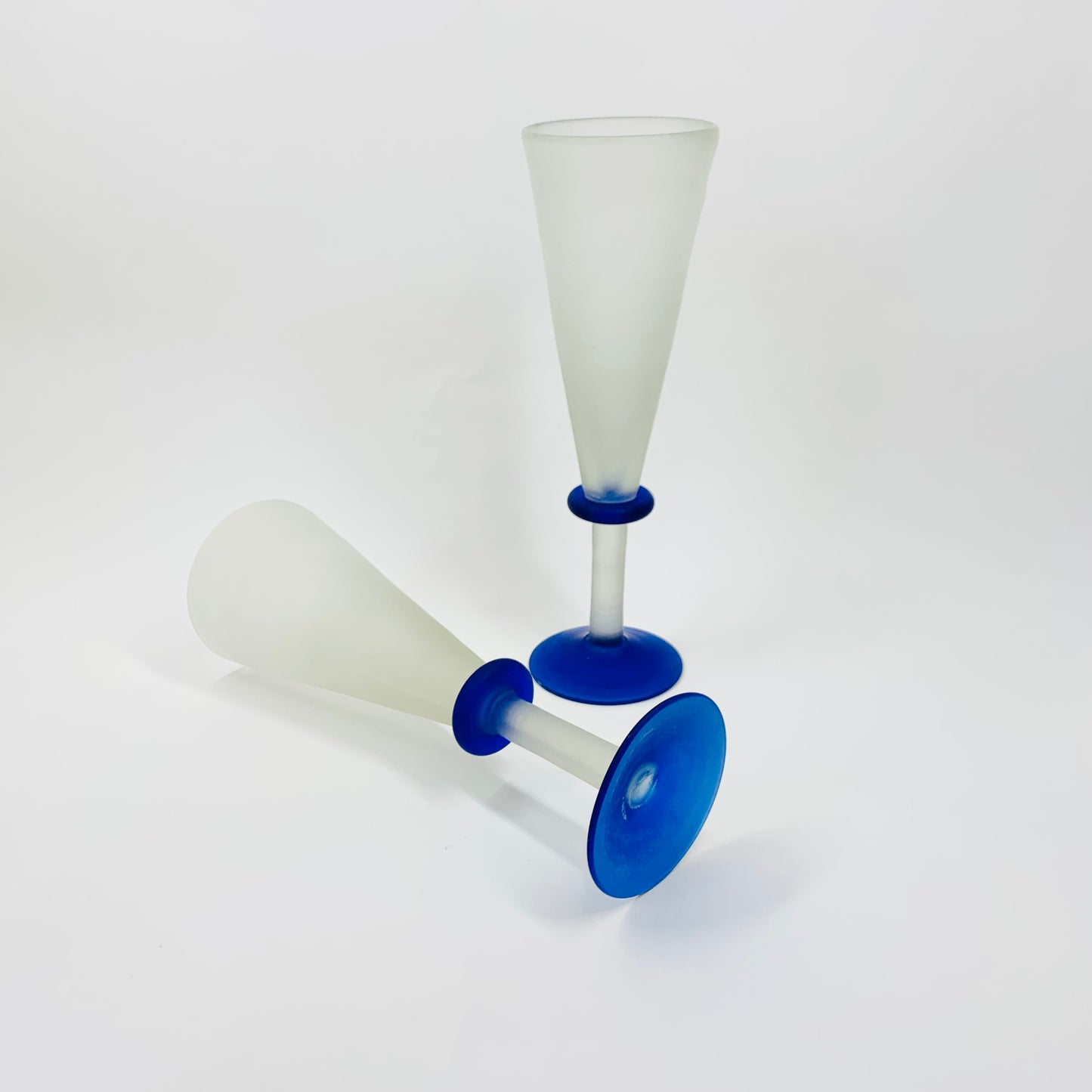 Extremely rare 1980s mouth blown Memphis satin blue glass flutes