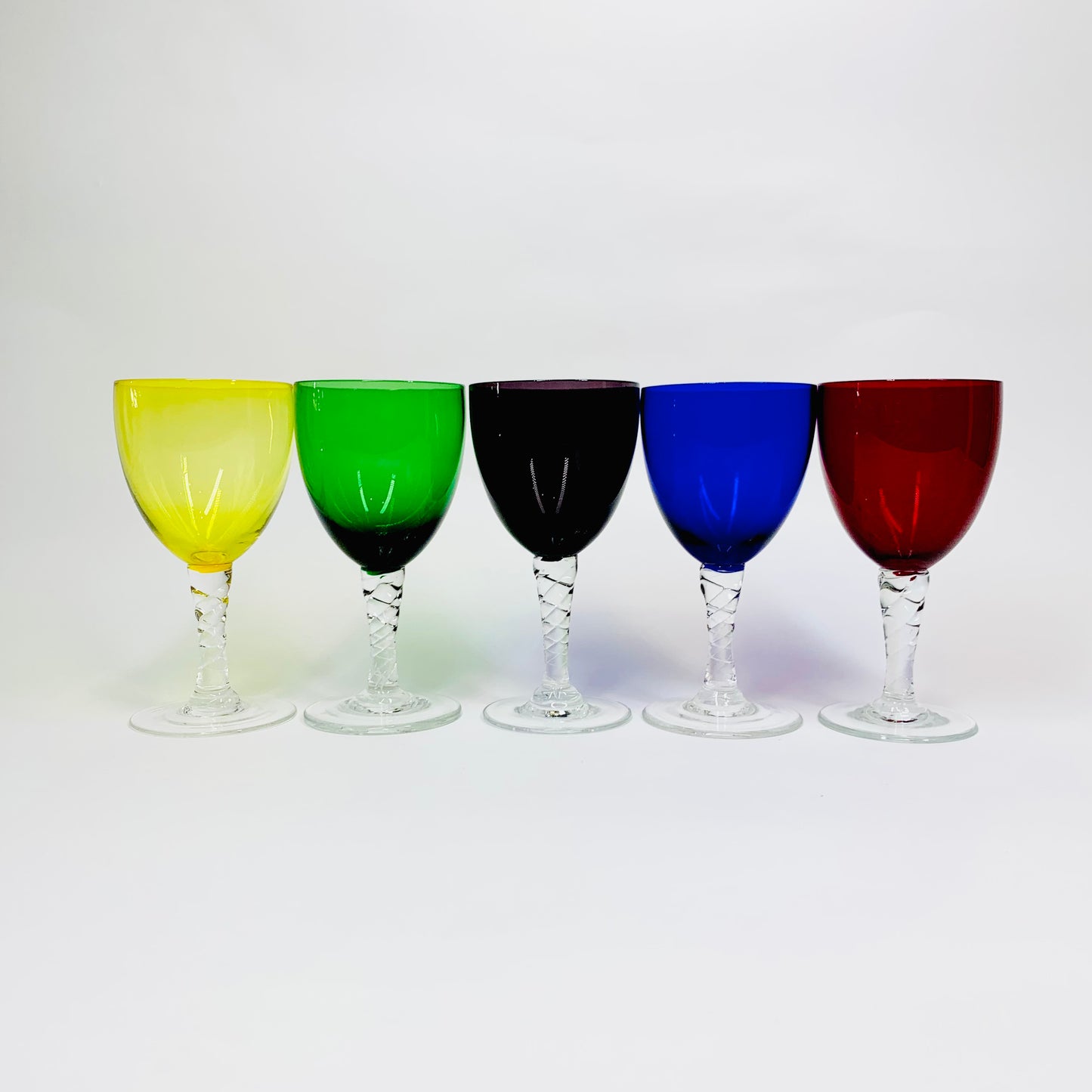 Extremely rare MCM Italian harlequin liqueur glasses with twist stems