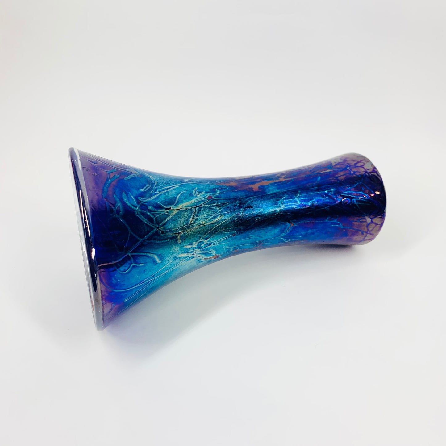 Hand made vintage peacock blue purple iridescent Gozo glass vase