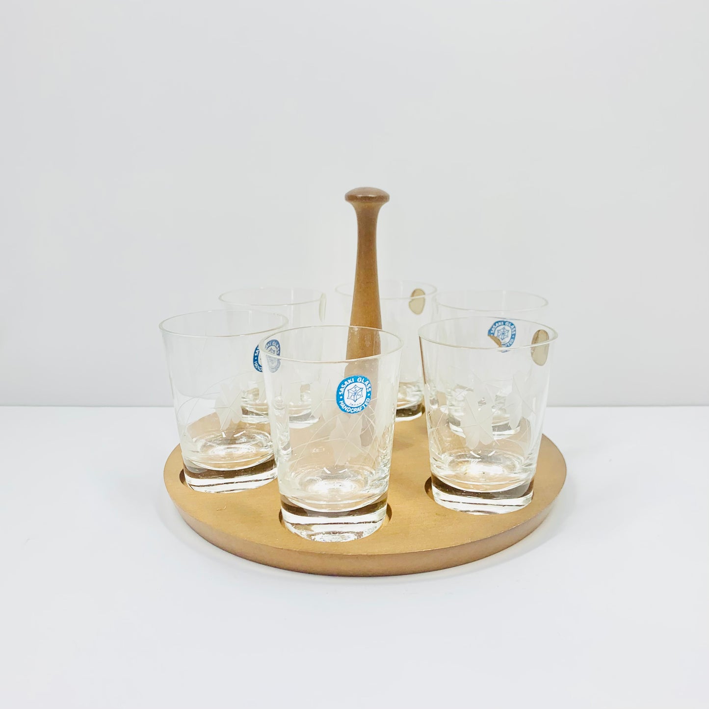 Midcentury Japanese hand etched crystal shot glasses with matching cork holder
