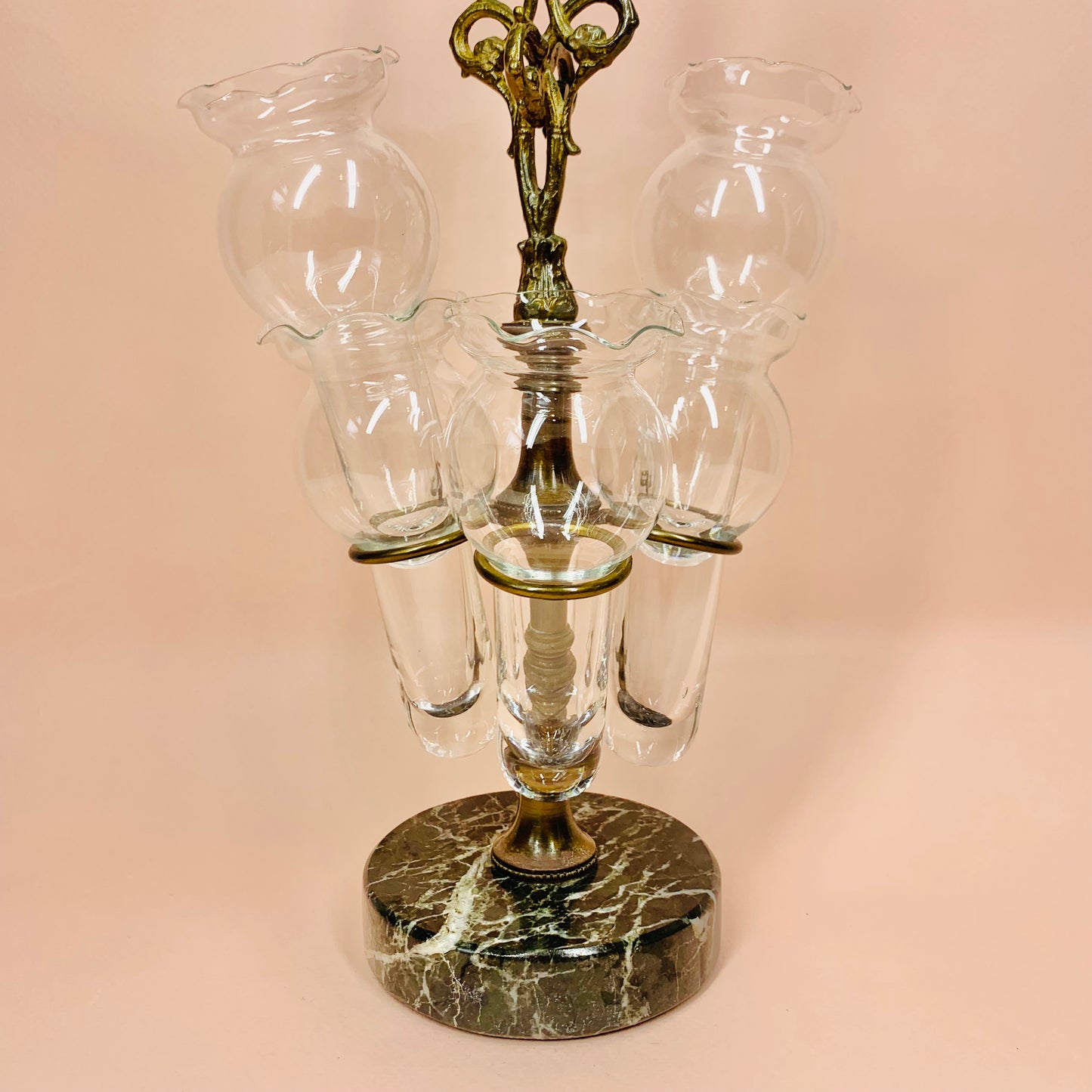 Antique Petite Choses brass epergne with rooster centrepiece and green marble base