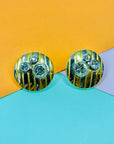 1980s two tone gilt clip on button earrings with clear rhinestones