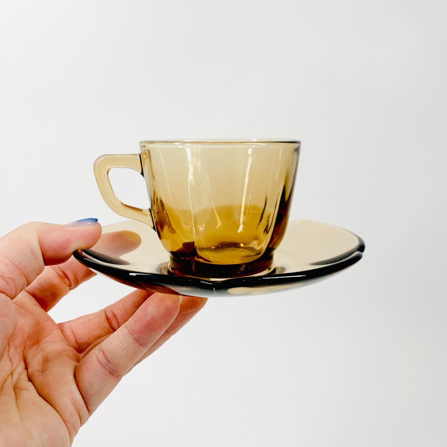1970s brown Duralex glass espresso cup and matching saucer