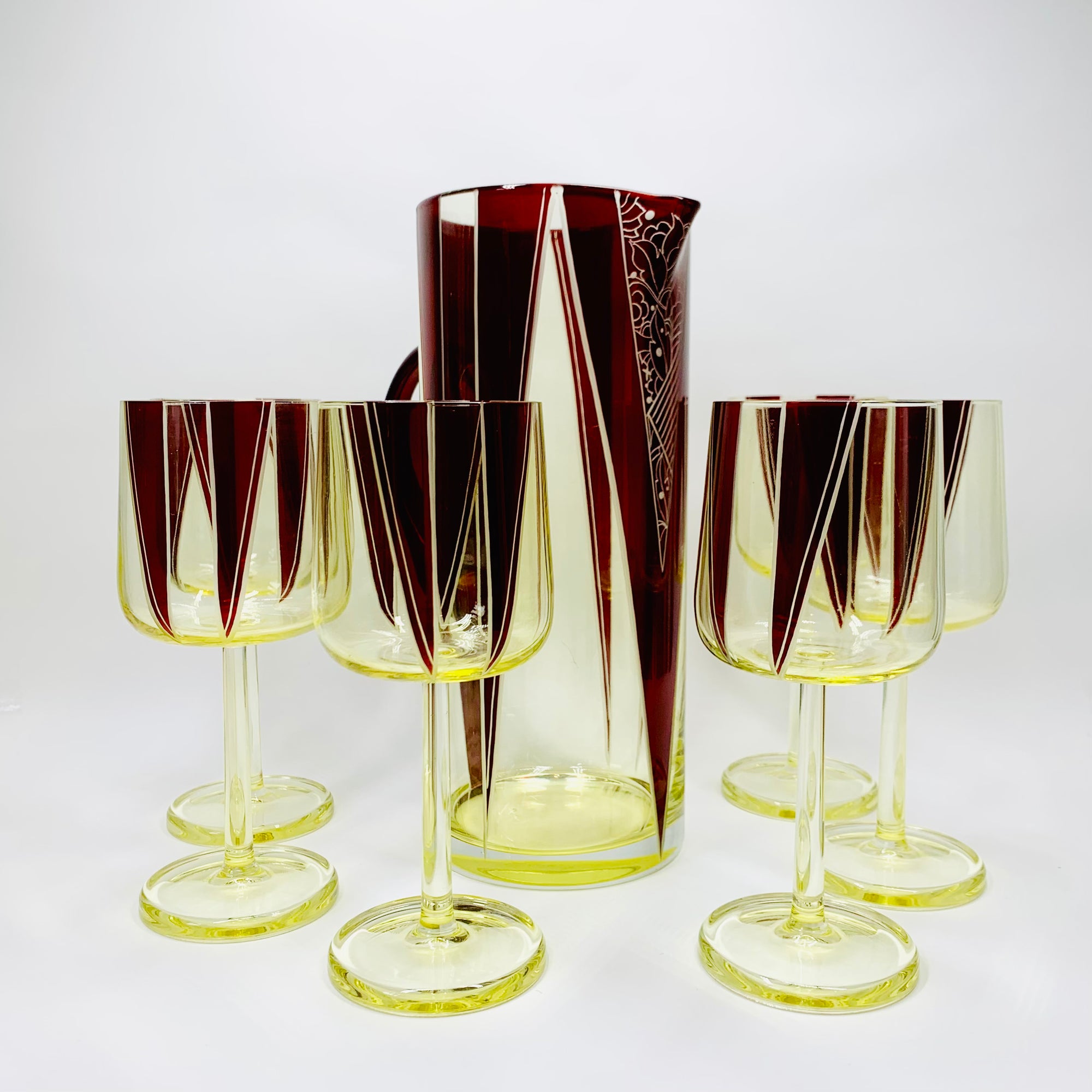 Extremely extremely rare antique Art Deco ruby enamel and citrine glass jug and matching wine glasses set by Karl Palda