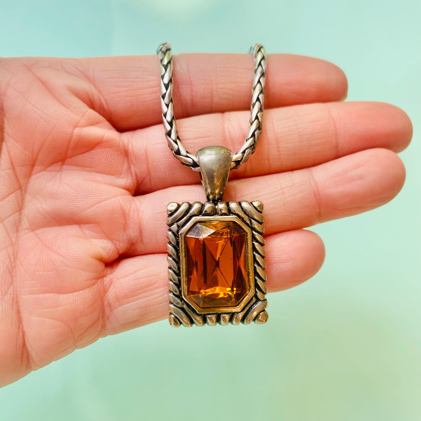 Vintage silver plated necklace with rectangular amber glass paste pendant