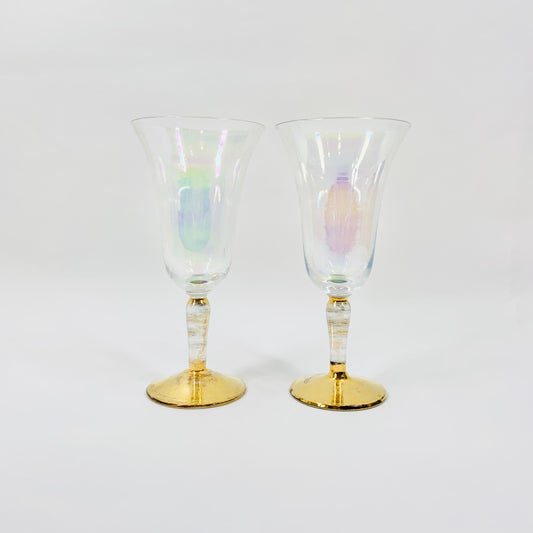 Rare 1940s iridescent glass coupe with gold gilded stem