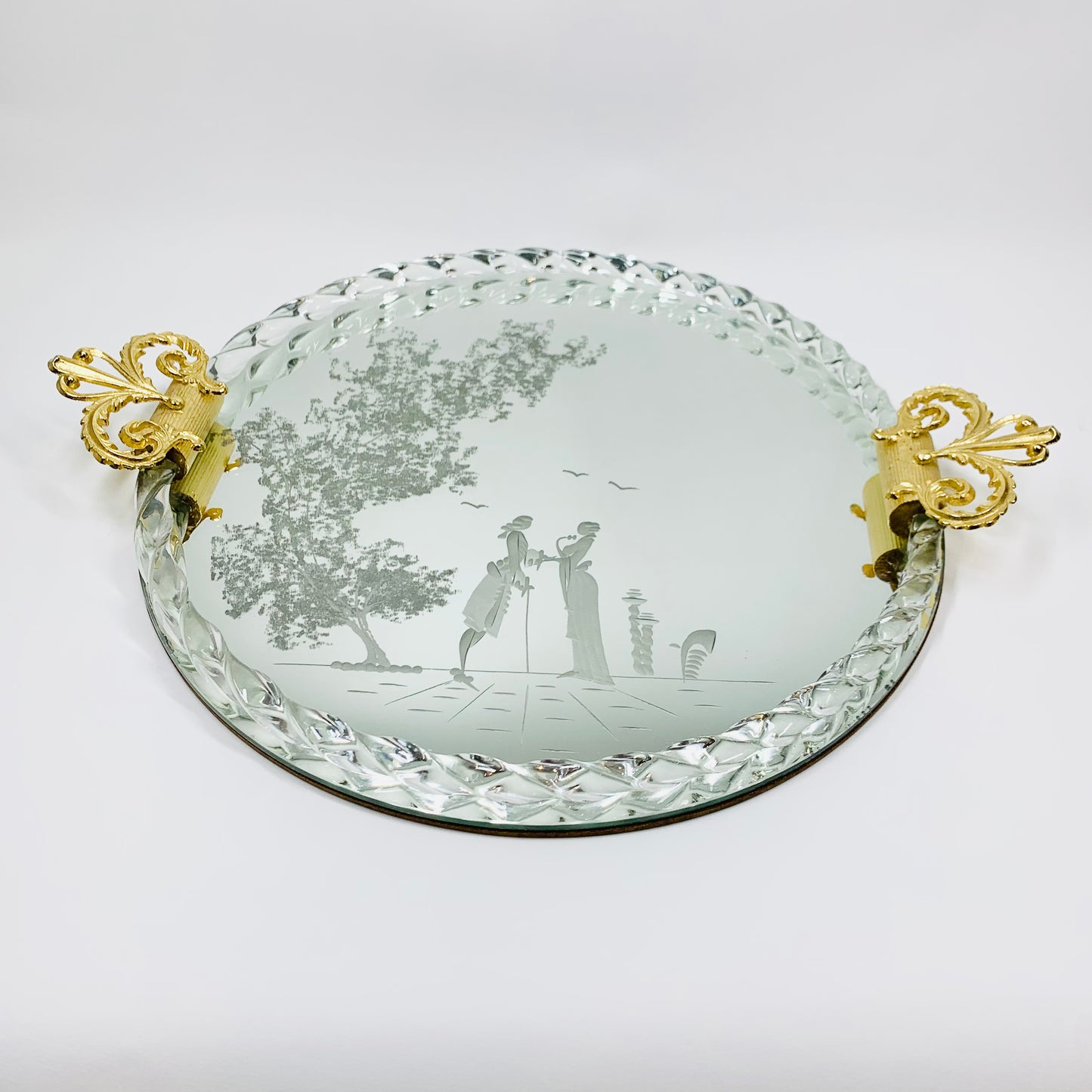 1940s hand etched mirror tray with gold aventurine rope border