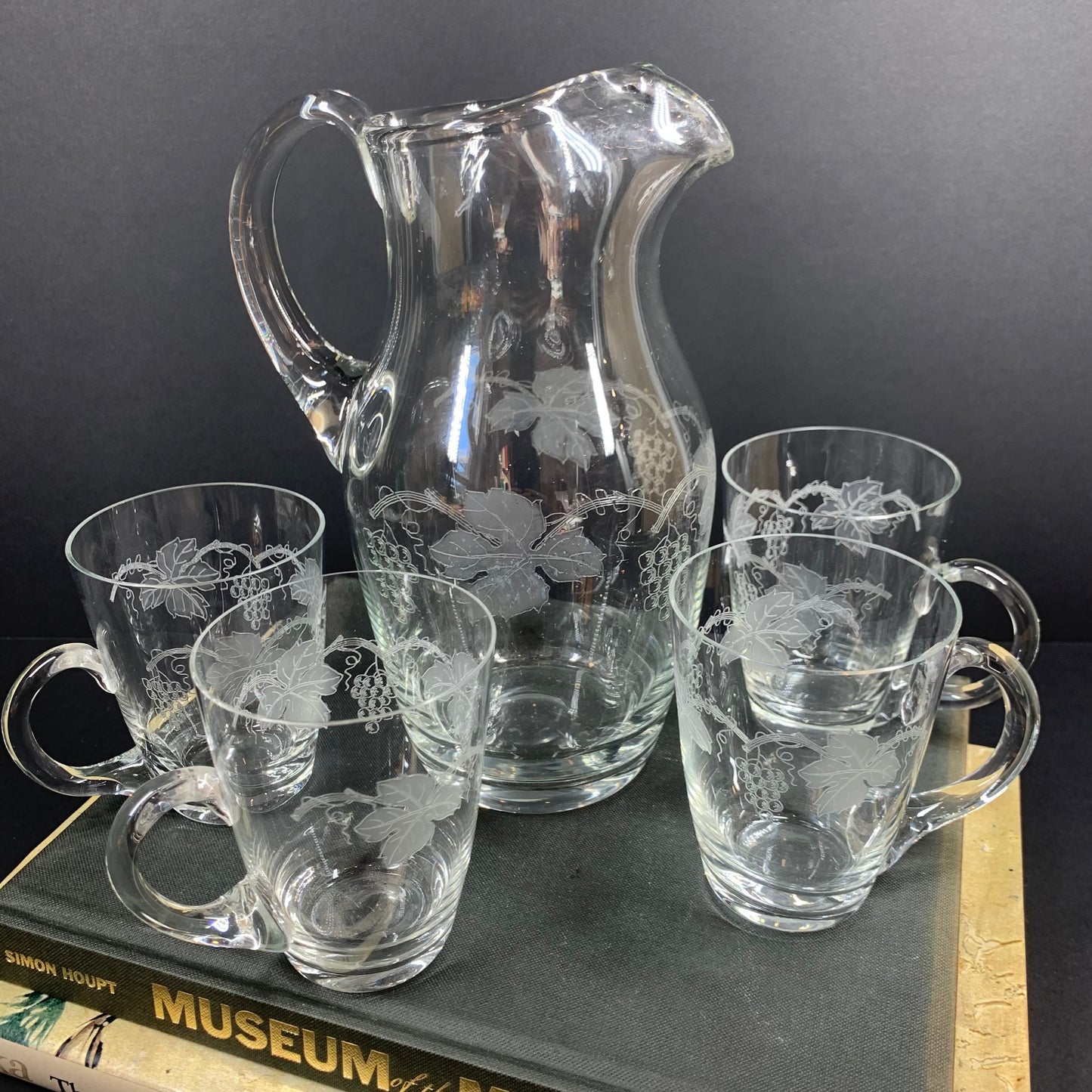 Rare 1940s hand etched glass jug and matching mugs