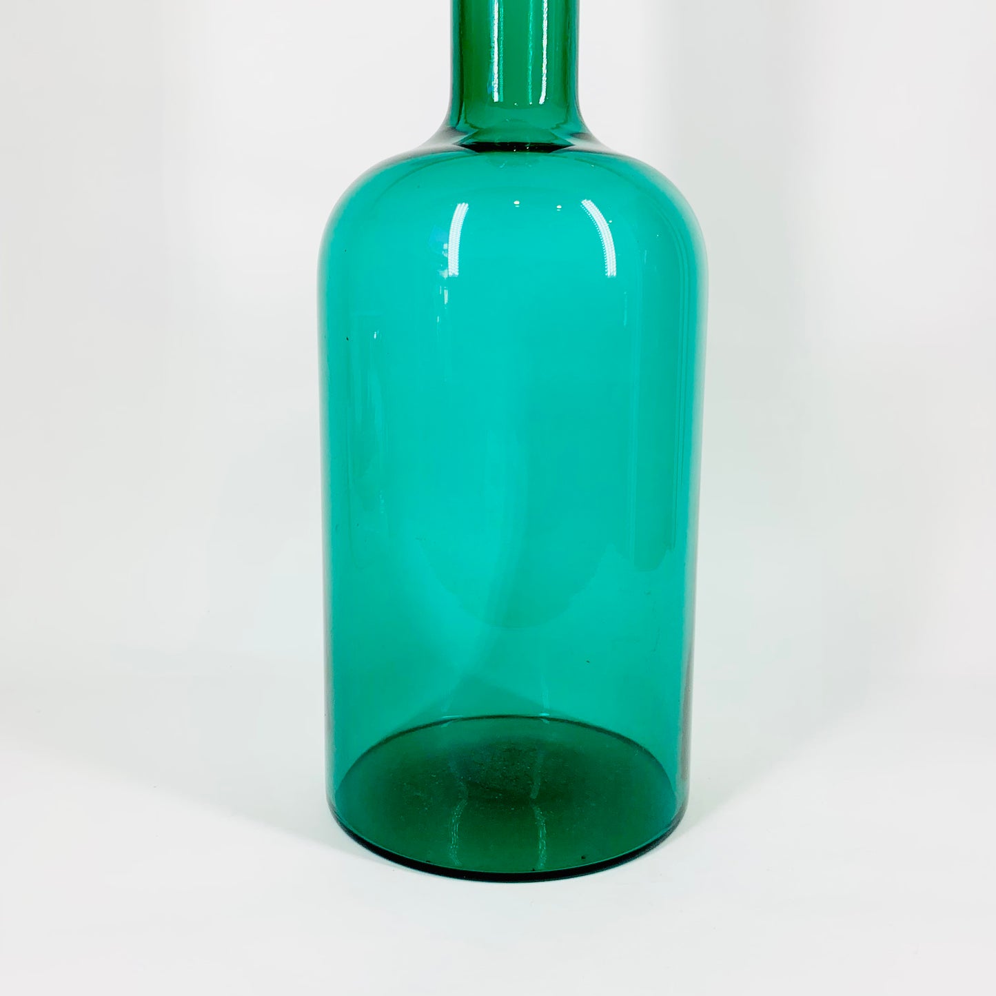 Midcentury turquoise glass bottle vase with art glass ball stopper