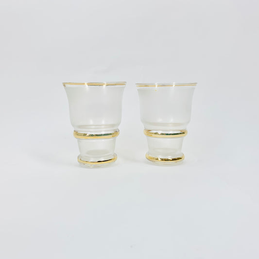 Midcentury white satin shot glasses with gold gilding