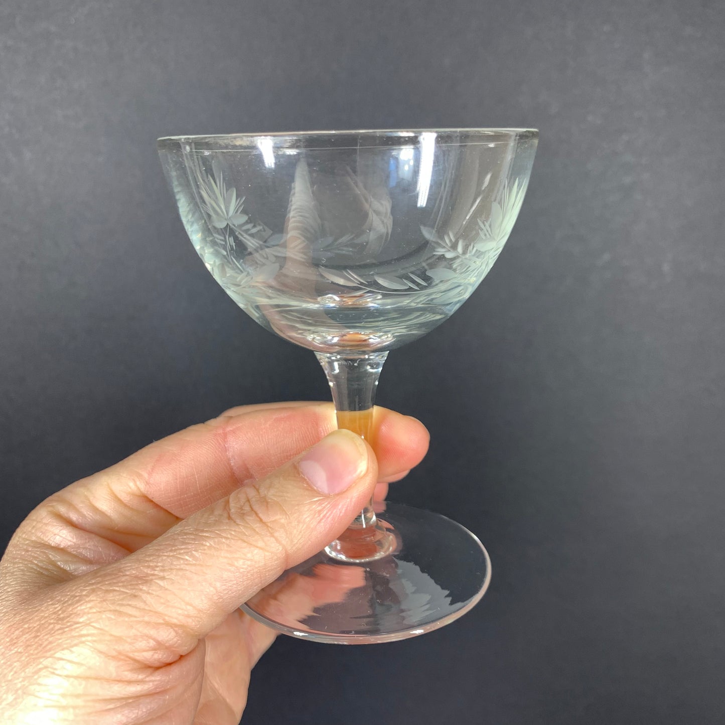 Rare 1930s mini etched glass cocktail coupe