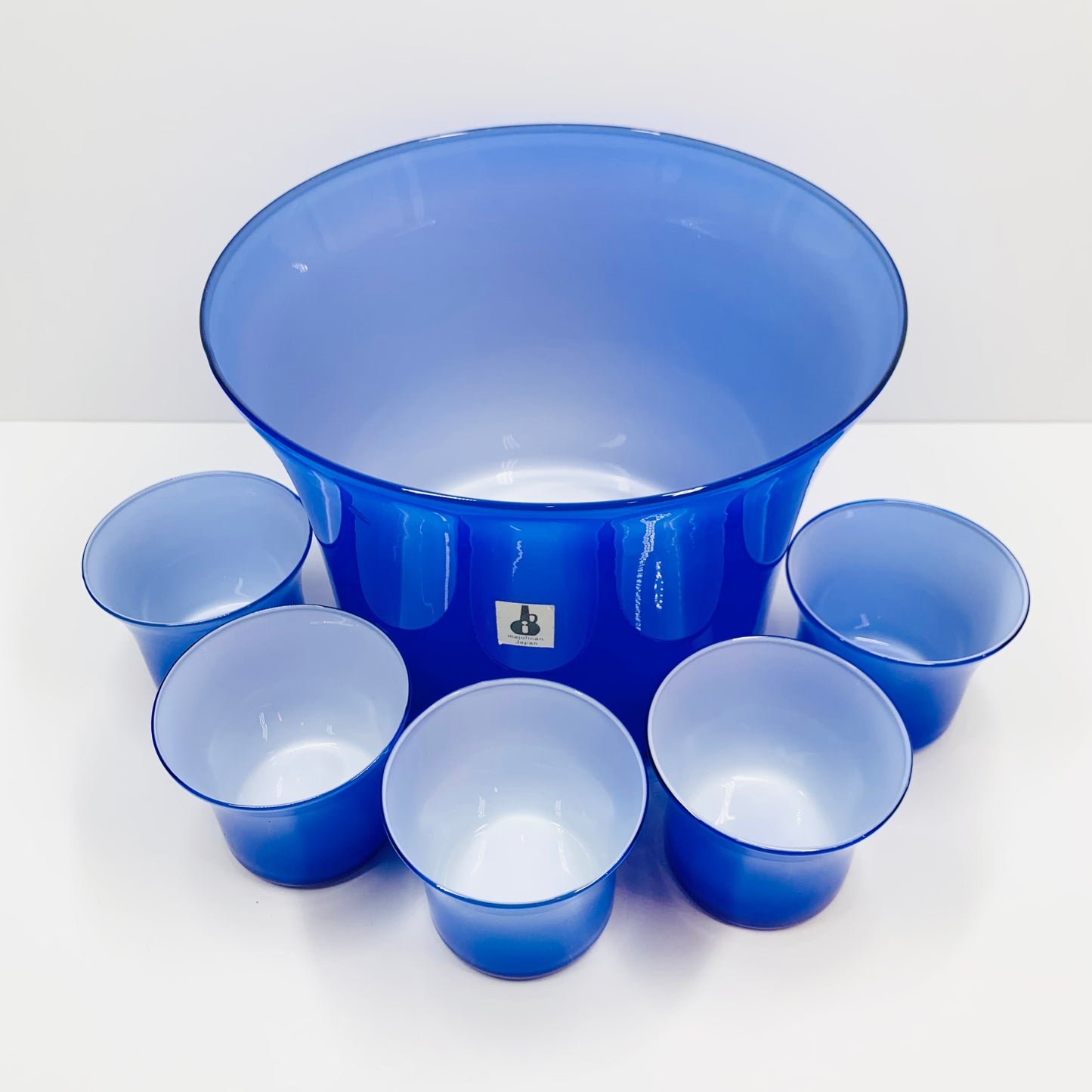 Midcentury Japanese Majolican cased blue glass bowl and matching glasses