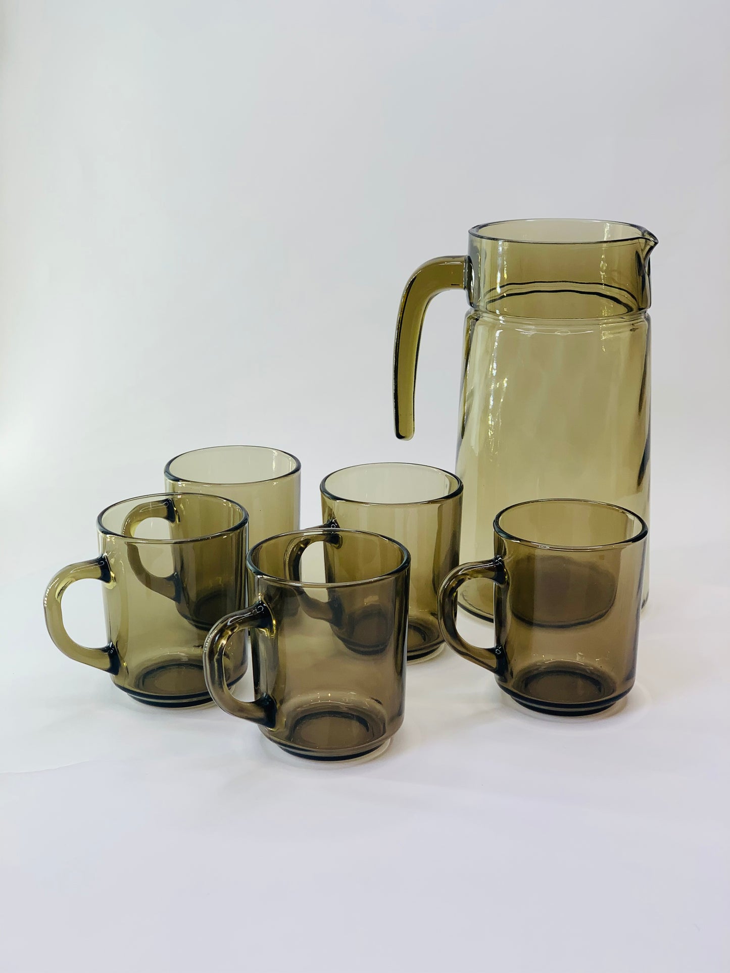 Retro set of grey jug with 5 matching handled glasses