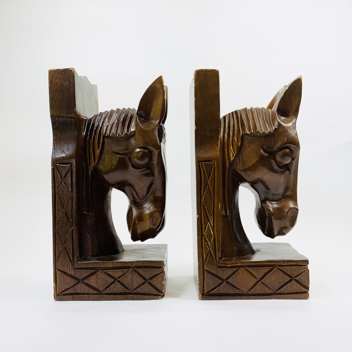 Extremely rare large set of Midcentury hand carved wooden horse head bookends