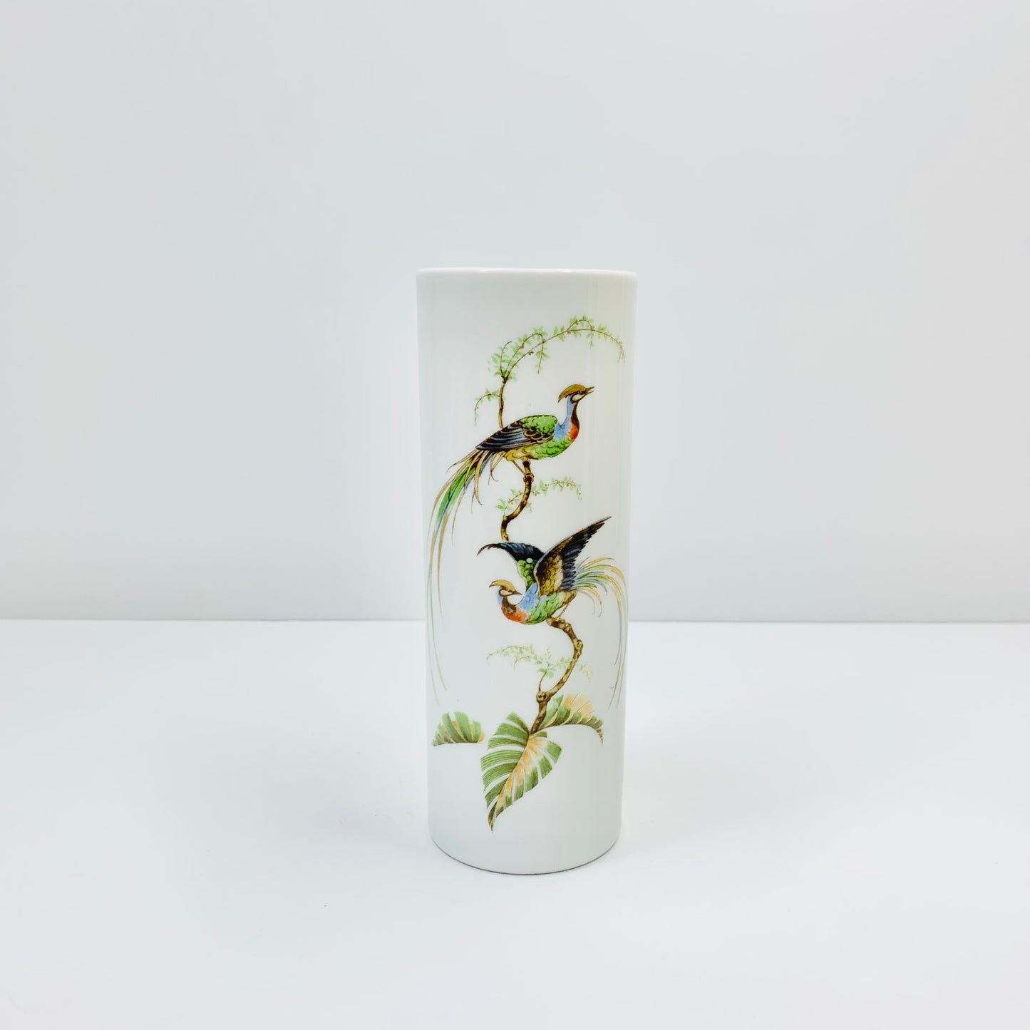 Vintage German white porcelain posy vase with birds motif
