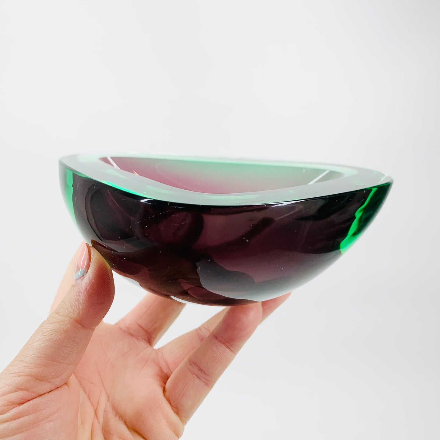 Extremely rare Flavio Poli Murano green & purple sommerso glass geode bowl