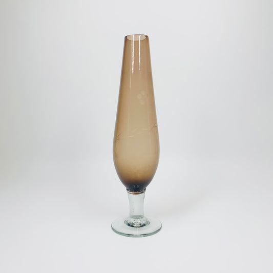 1940s hand etched brown glass posy vase with clear stem