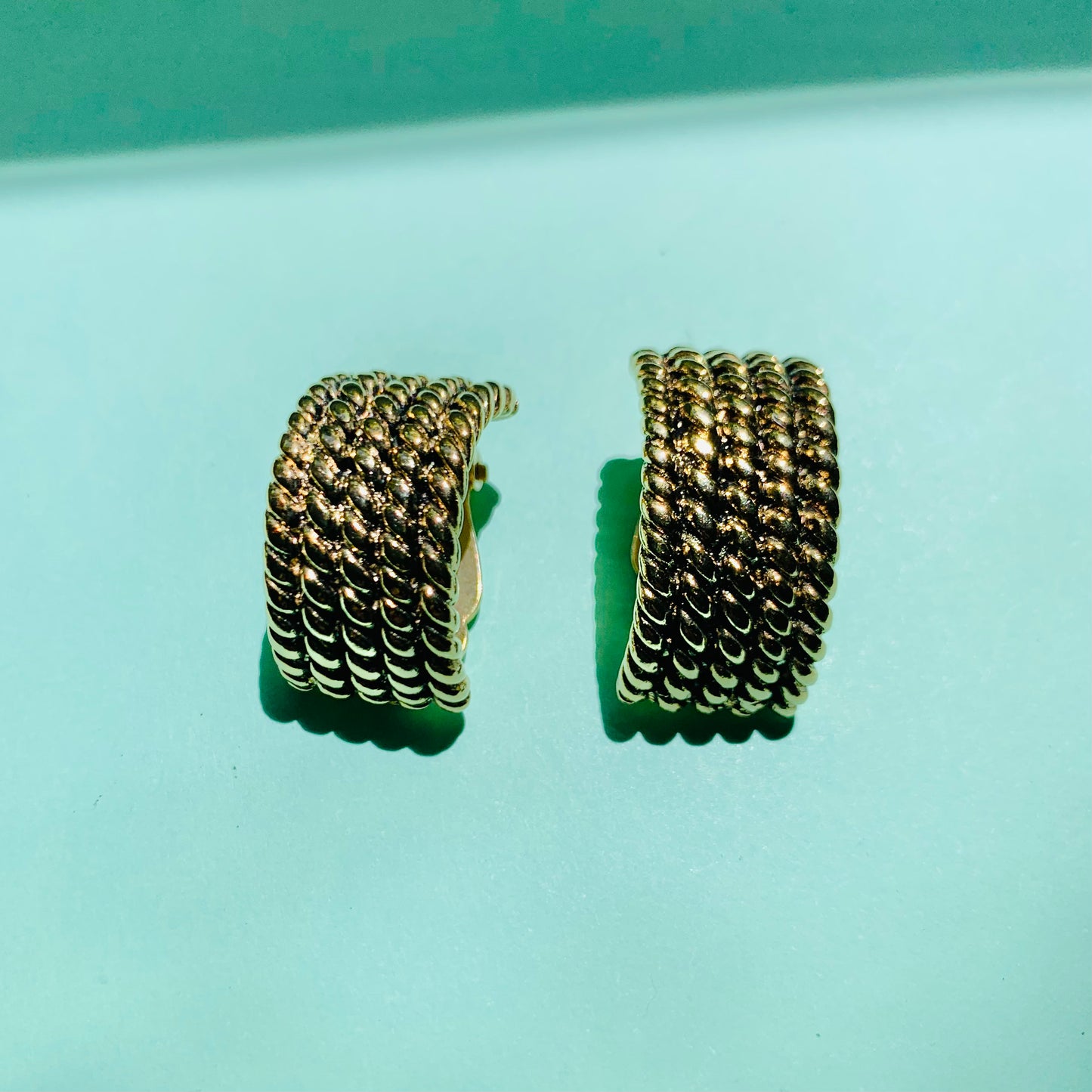 1980s gold plated filigree wide half hoop clip on earrings