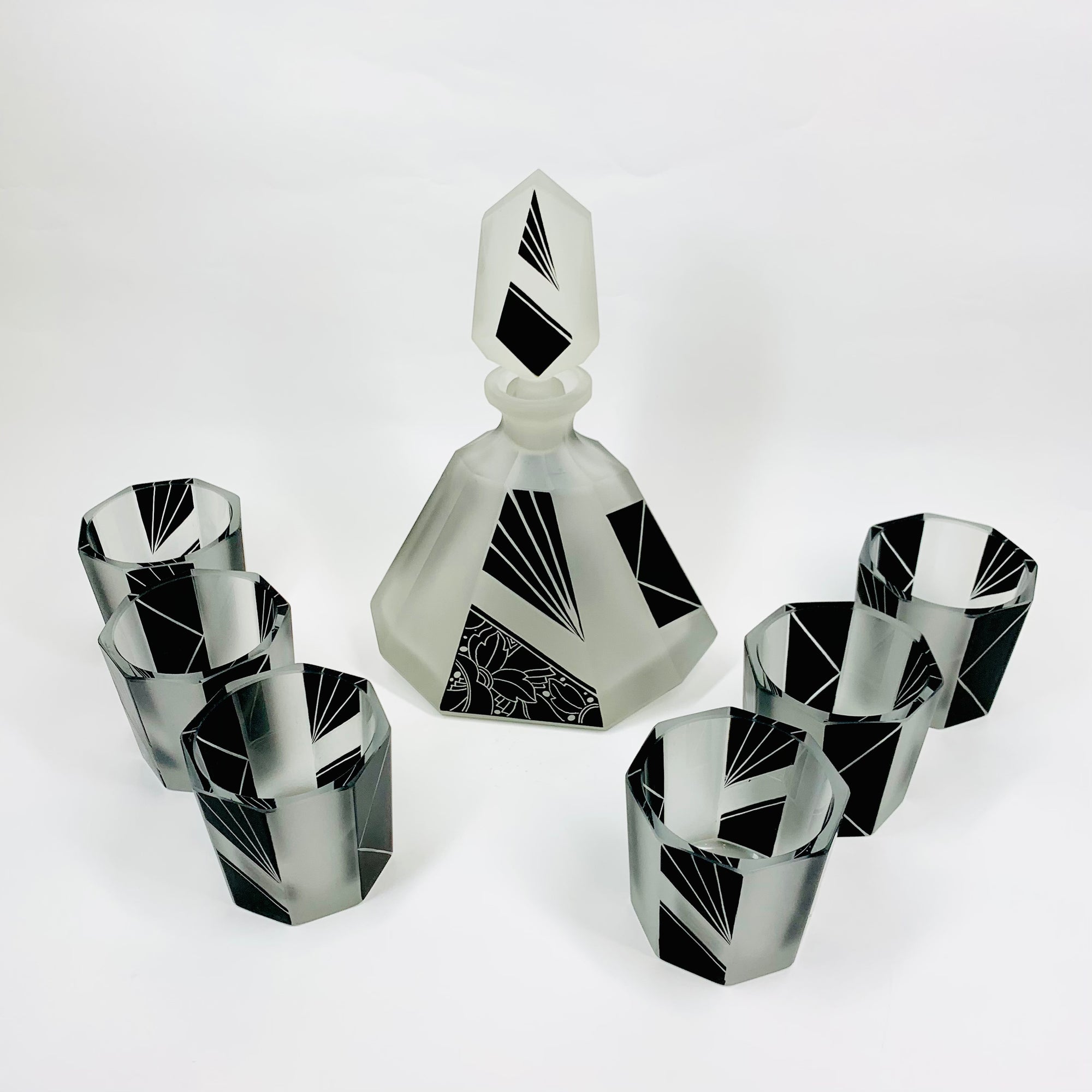 Extremely extremely rare antique Art Deco black enamel decanter satin glass set by Karl Palda