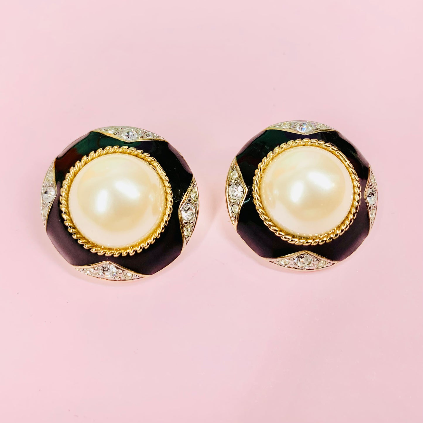 Extremely rare stunning 1960s gold plated clip on black enamel, pearl & clear rhinestones button earrings