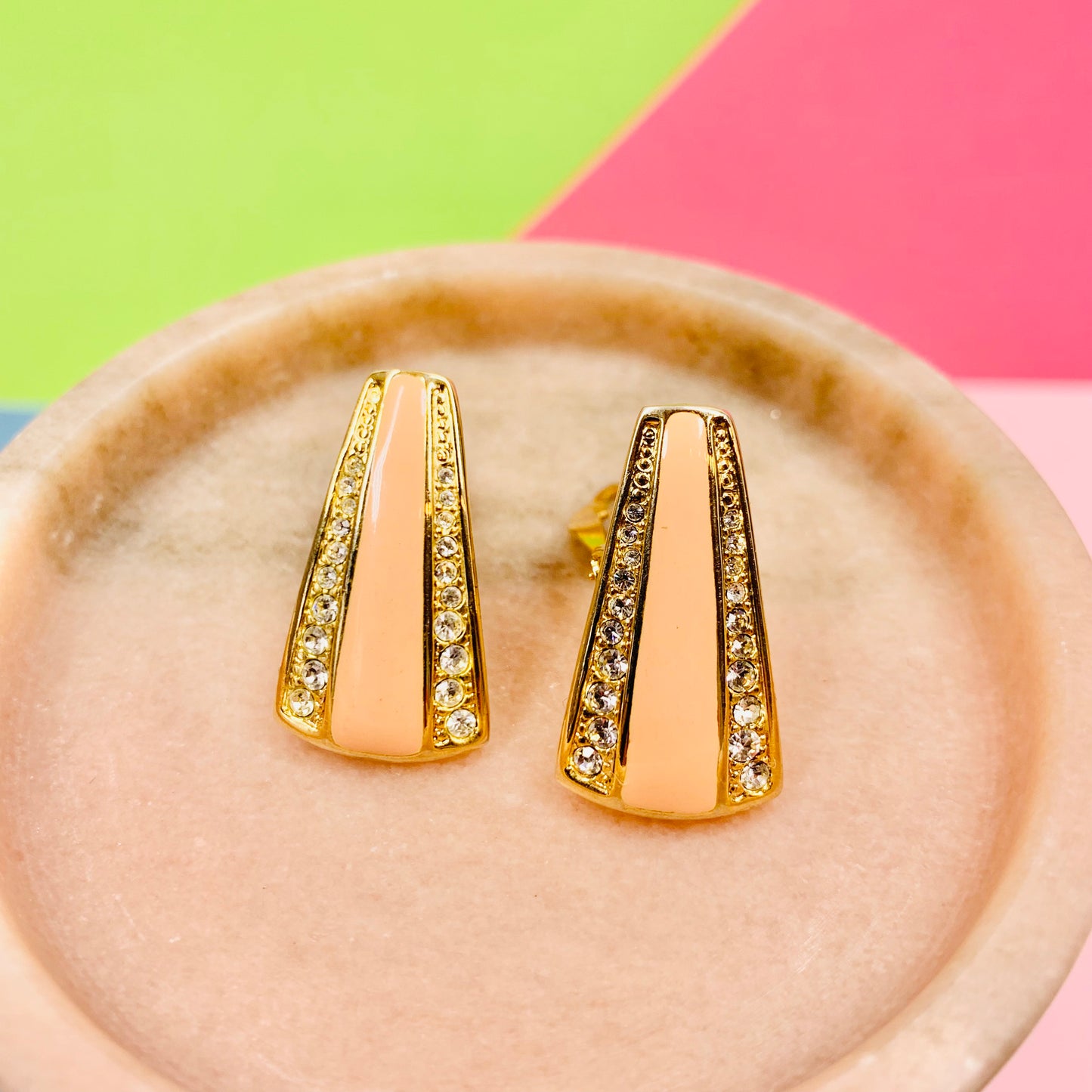 Rare stunning 1960s gold plated clip on salmon pink enamel & clear rhinestones earrings
