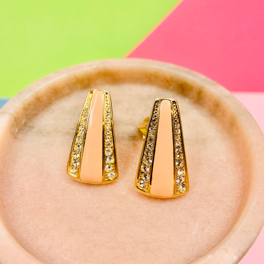 Rare stunning 1960s gold plated clip on salmon pink enamel & clear rhinestones earrings