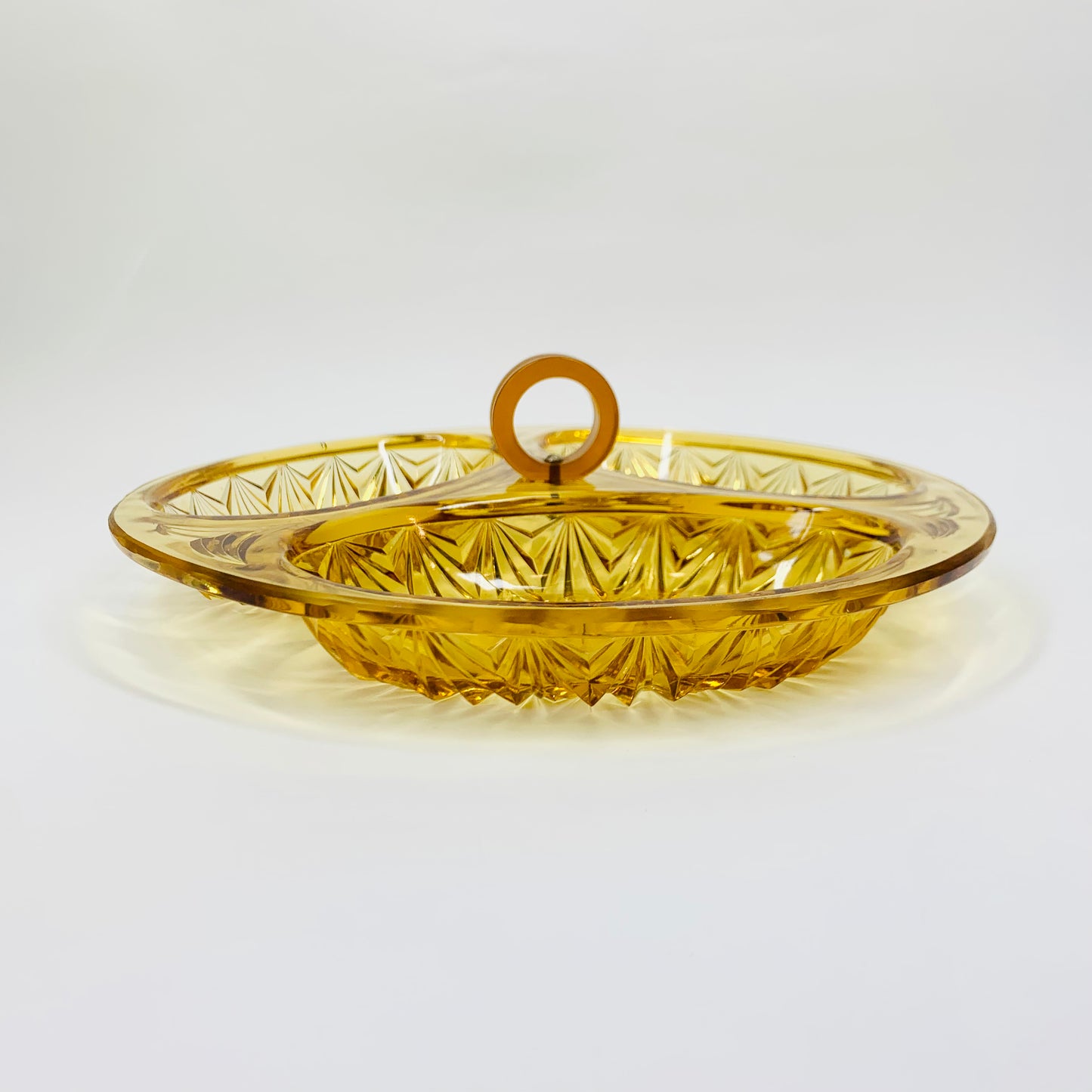 Midcentury pressed amber glass square serving plate with handle