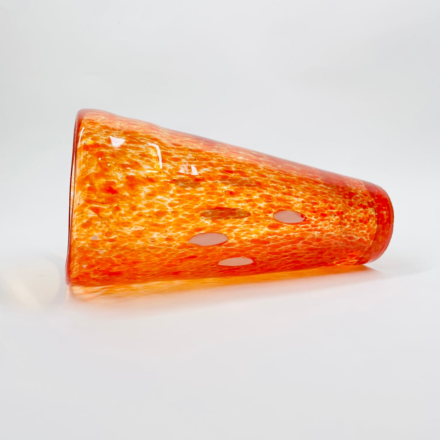 1980s orange mouth blown studio speckled art glass cylinder vase