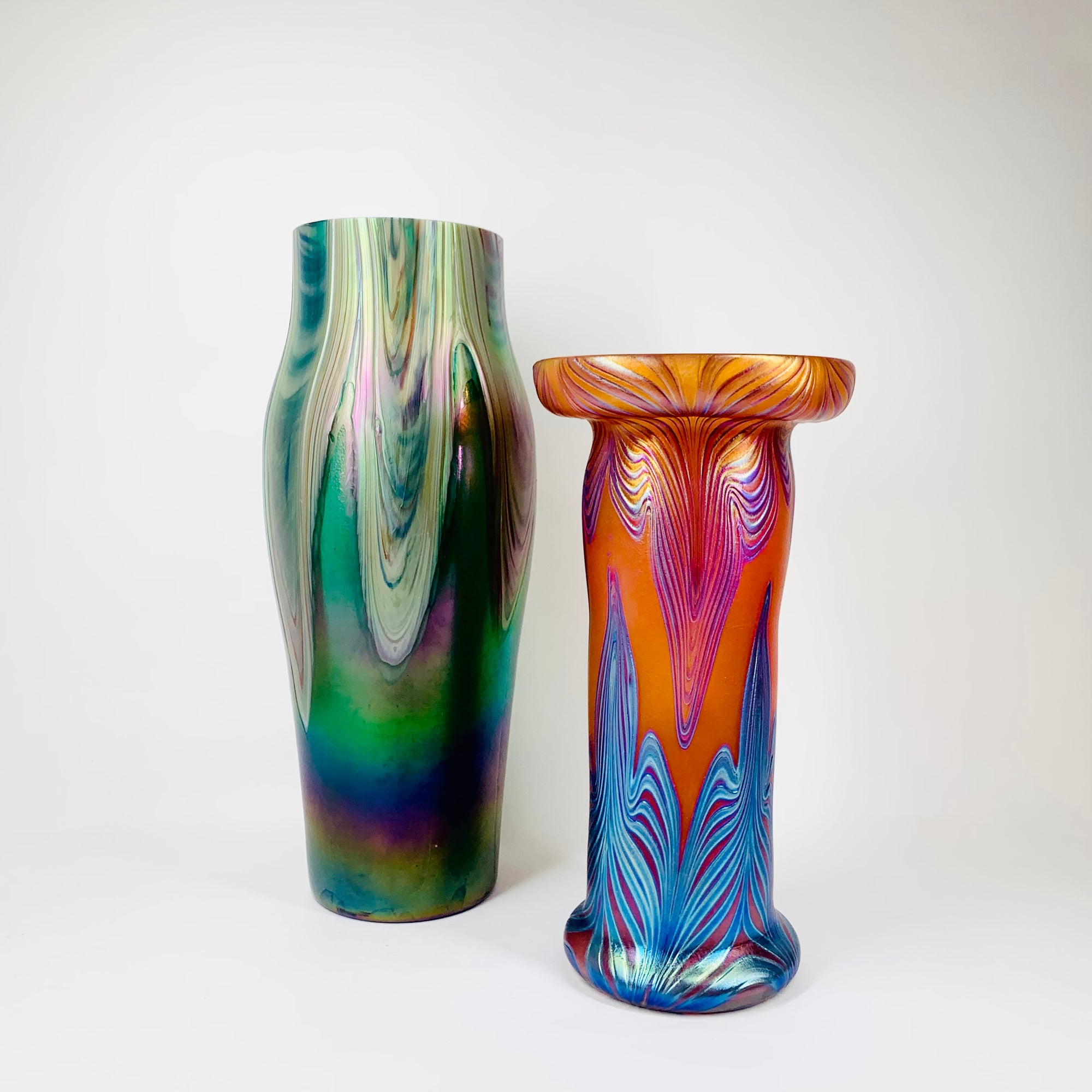 Antique Art Nouveau Kralik hand made peacock iridescent feather glass vase