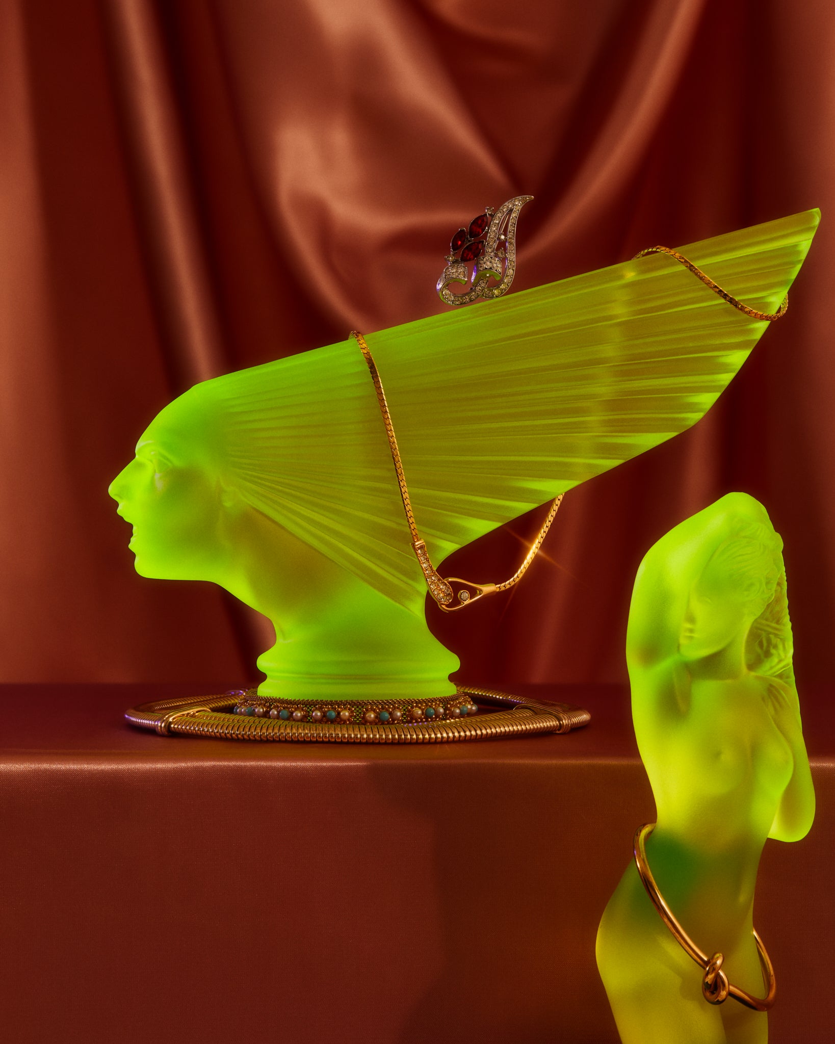 Art Deco reproduction of Lalique car mascot Victoire in uranium glass