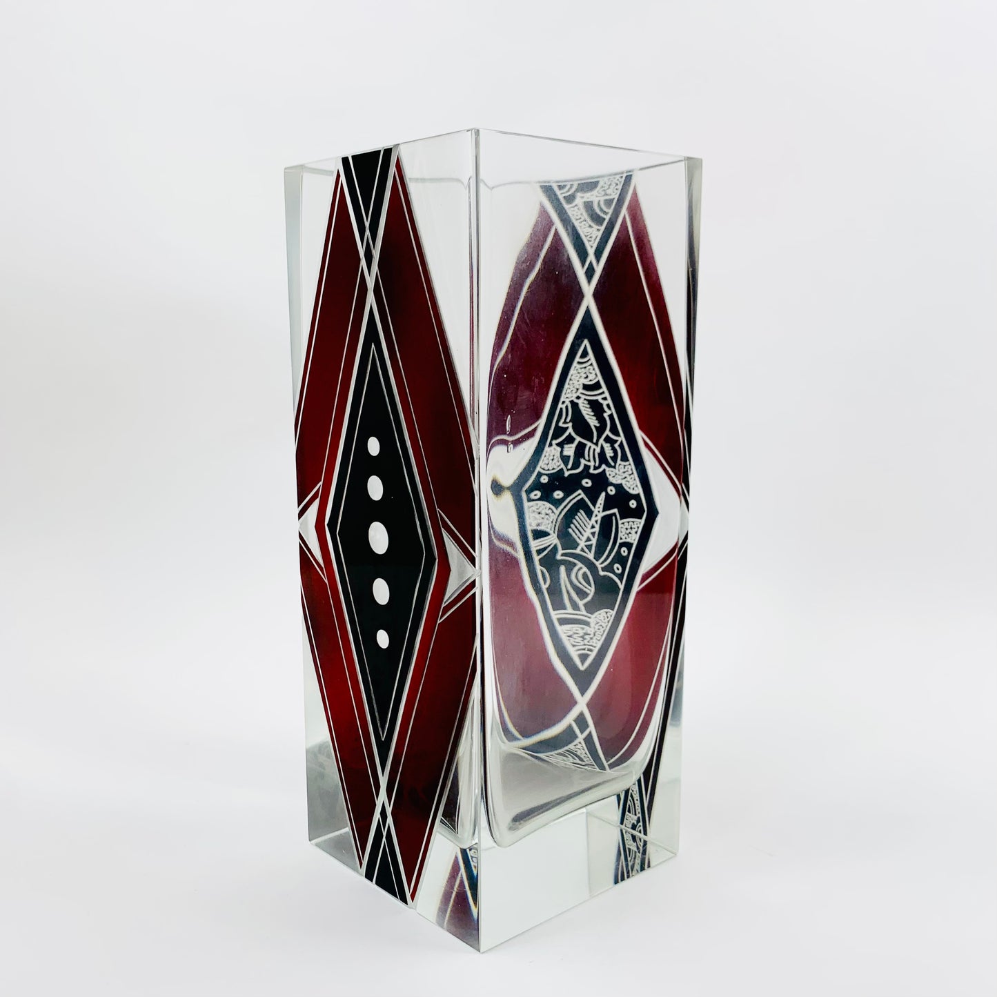 Extremely rare antique Art Deco black and ruby enamel rectangular glass vase by Karl Palda