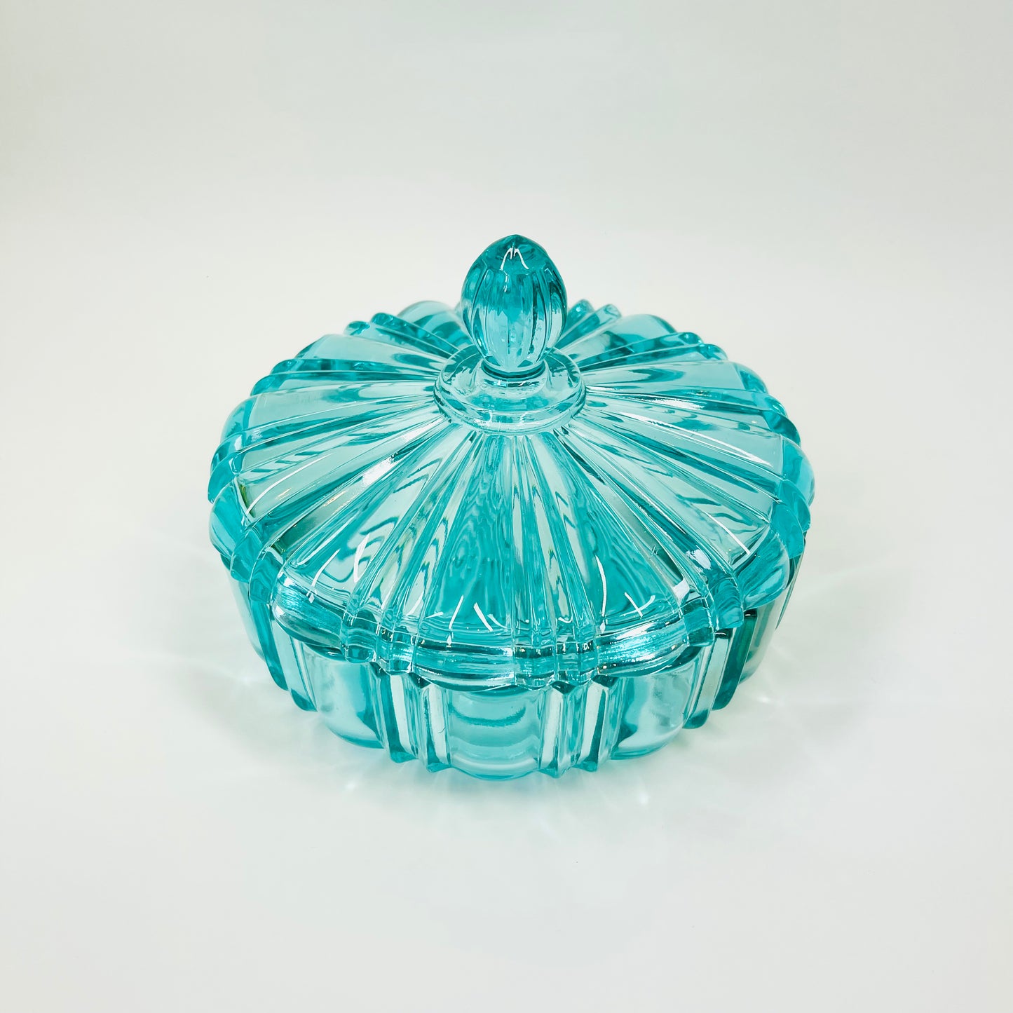 Midcentury pressed turquoise glass lidded box/sugar bowl with cork lid