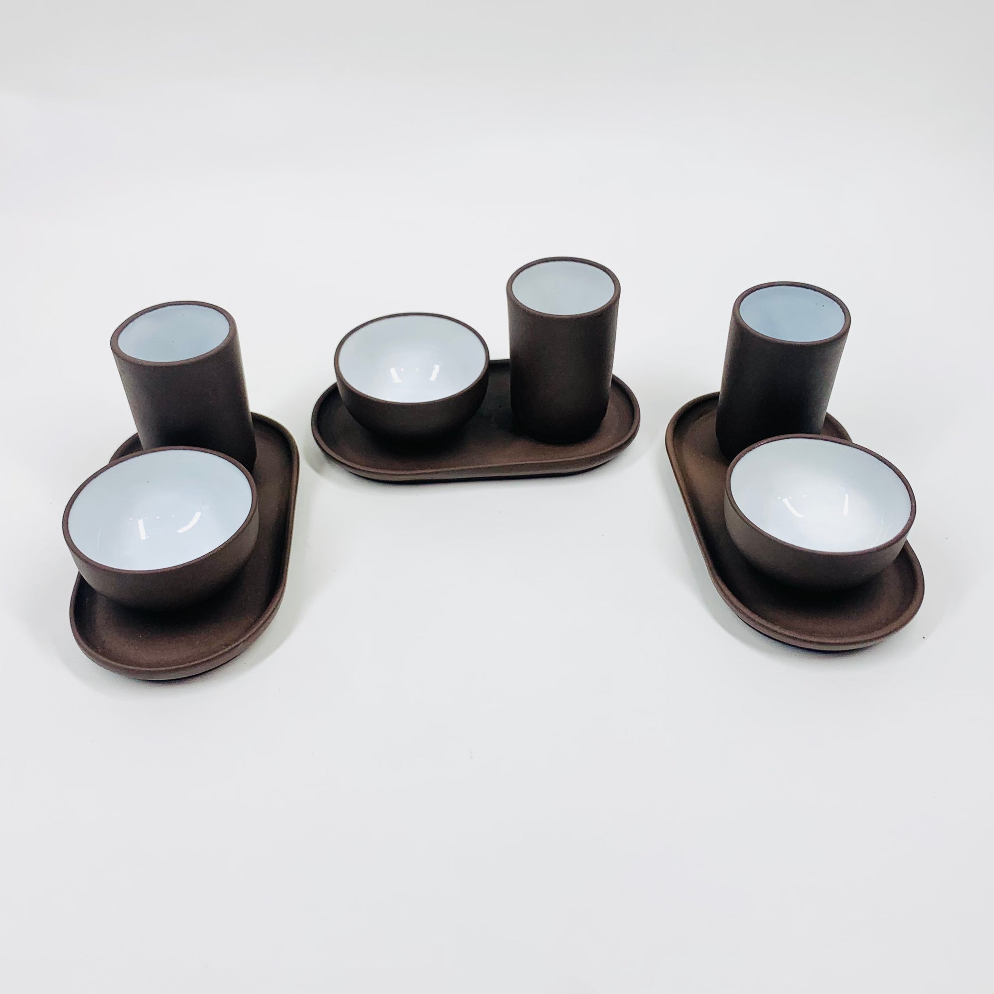 Rare Midcentury Japanese brown pottery condiment set