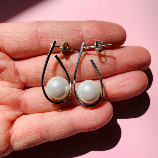 Vintage sterling silver drop stud earrings with sea pearls